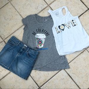 Two shirts & denim mini skirt, 10-12, Justice +